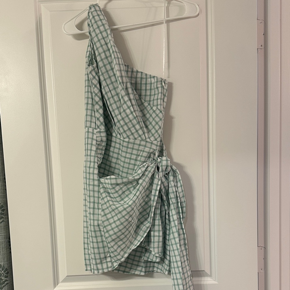 Hello Molly Green Checkered One-Shoulder Dress